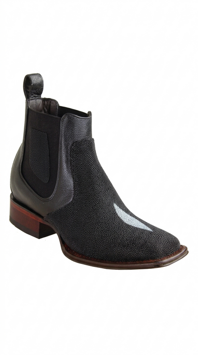 Men's Genuine Stingray Skin Single Stone Wide Square Toe Ankle Boots Black Color - Los Altos Boots