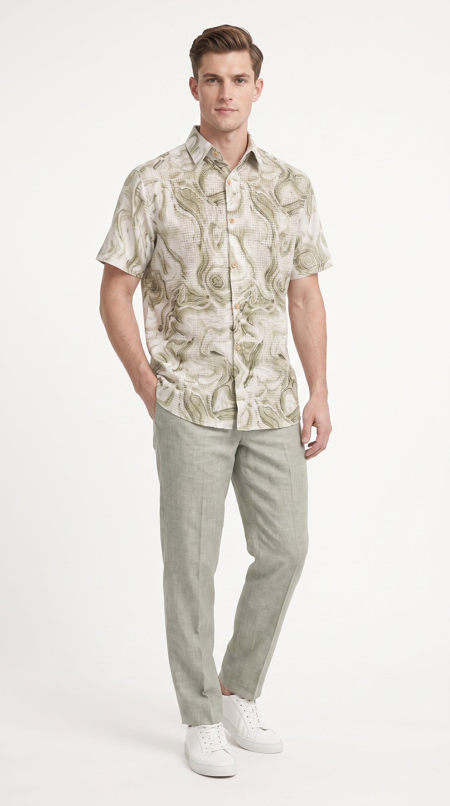 Men’s Sage Green Abstract Print Walking Suit Set, 2 Piece Short Sleeve Casual Shirt and Pants Outfit – SuitUSA