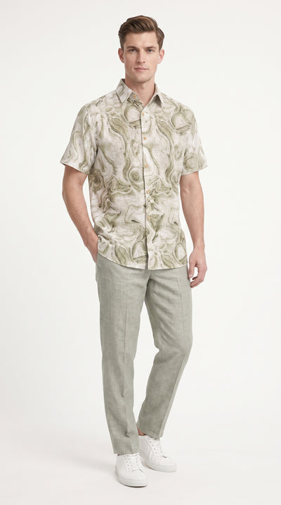 Men’s Sage Green Abstract Print Walking Suit Set, 2 Piece Short Sleeve Casual Shirt and Pants Outfit