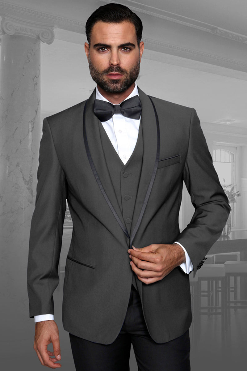 Men's Charcoal Grey Vested Shawl Tuxedo – SuitUSA