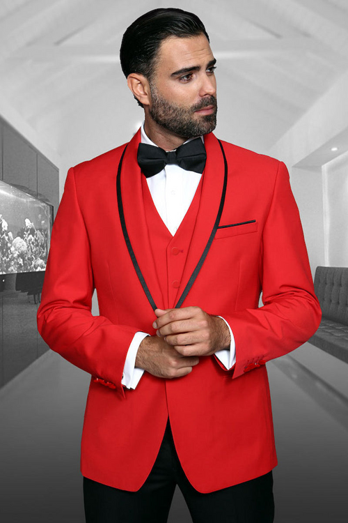 Men's Red Vested Satin Shawl Tuxedo