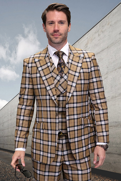 Men's Wide Peak Lapel Plaid Wool Suit in Tan