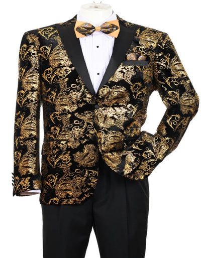 Black and Gold Prom Suit - Men's Modern Fit Velvet Floral Paisley Foil Gold and Black Tuxedo