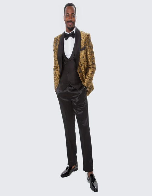 Black and Gold Prom Suit - Gold Tuxedo with Floral Design Four Piece Set - Wedding - Prom