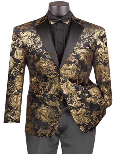 Black and Gold Prom Suit - Mens Paisley Velvet Foil Smoking Gold Jacket