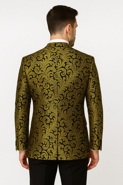 Mens Goldish Yellow and Black Paisley Tuxedo Blazer with Matching Bow Tie with Black Pants