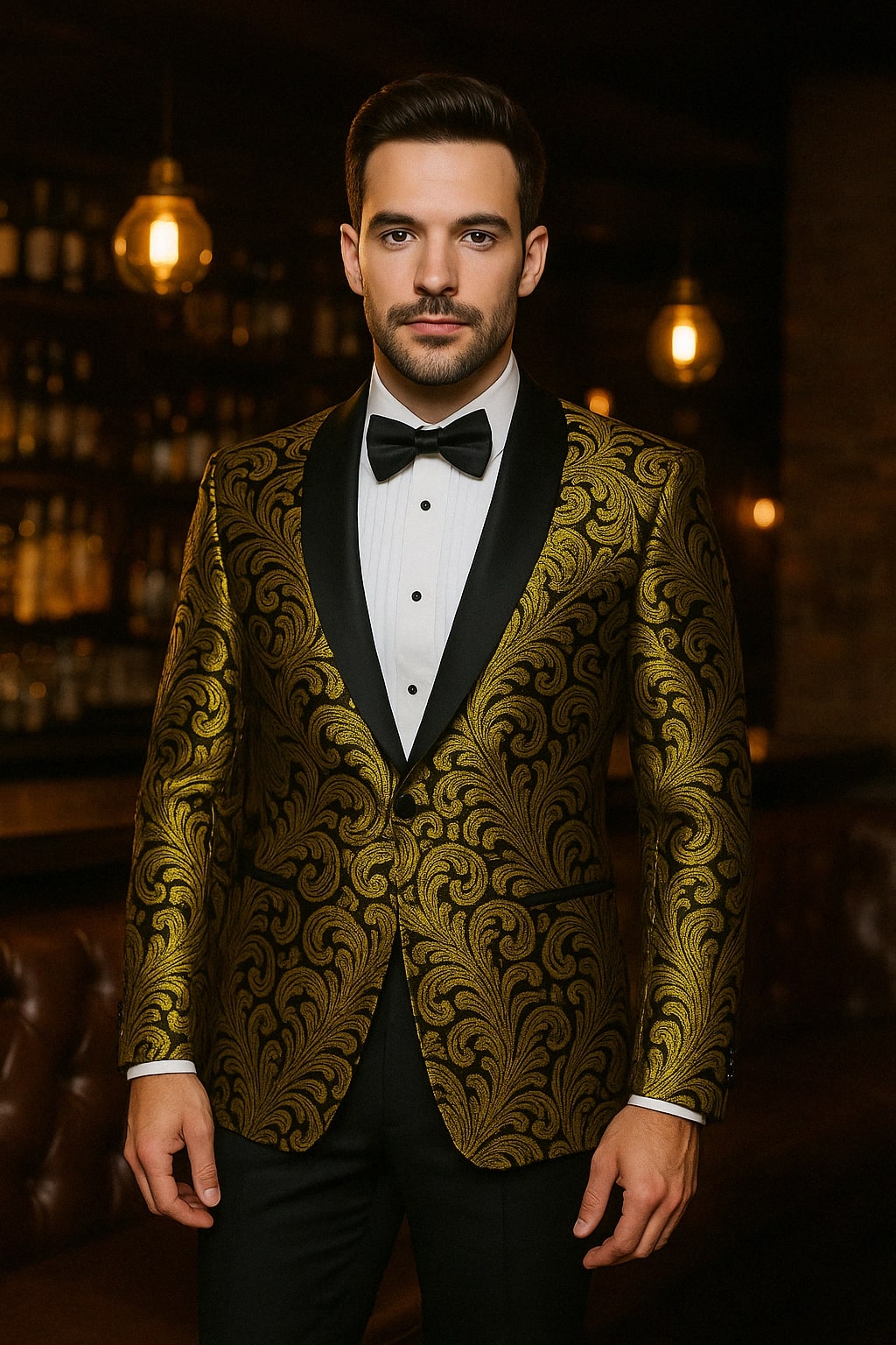 Mens Goldish Yellow and Black Paisley Tuxedo Blazer with Matching Bow Tie with Black Pants