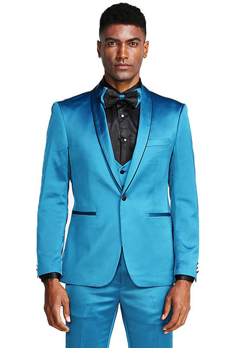 Men's Turquoise Satin Vested Suit