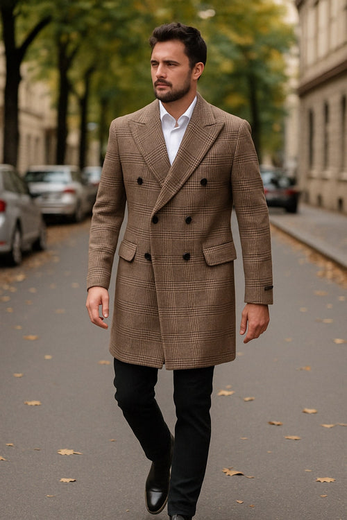 Mens Gray and Light Brown Glen Plaid Wool Overcoat - Double-Breasted Vintage Check Coat by USA Men's Outlet