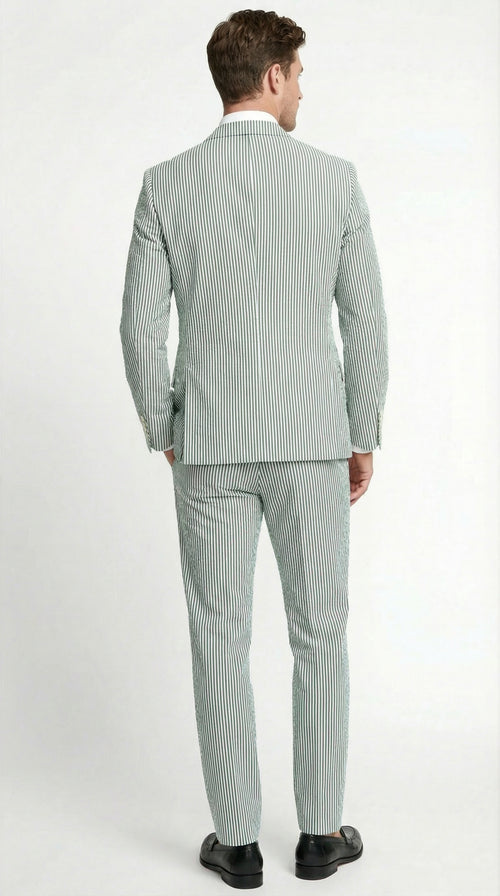 Men’s White and Green Seersucker Suit – Classic Striped Lightweight Summer Suit for Weddings and Formal Events Cotton Fabric