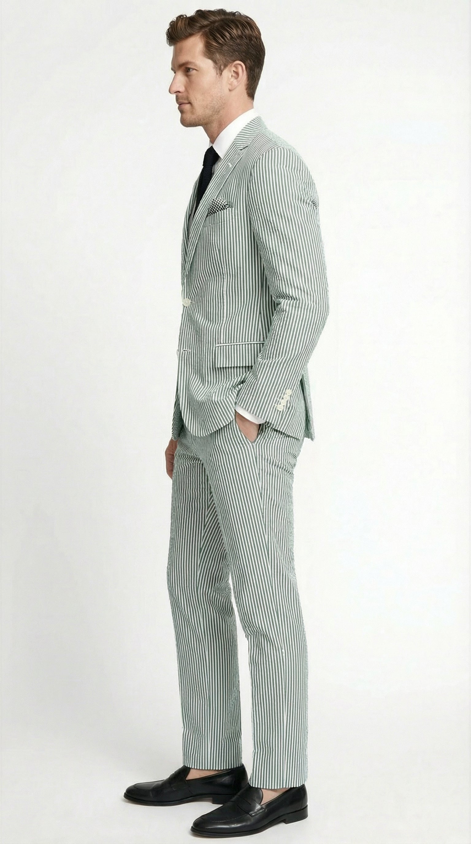 Men’s White and Green Seersucker Suit – Classic Striped Lightweight Summer Suit for Weddings and Formal Events Cotton Fabric