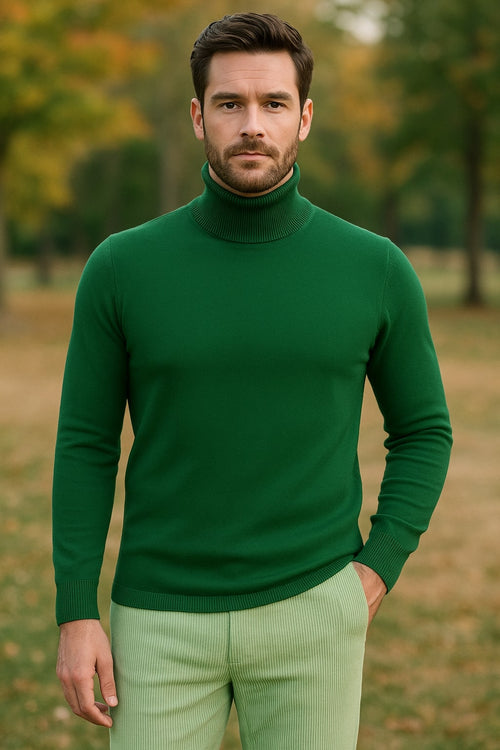 Mens Green Slim Fit Turtleneck Sweater - Lightweight Knit Pullover in Emerald Green by USA Men's Outlet