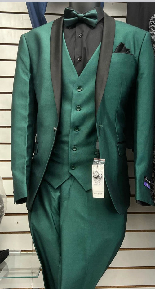 Mens Emerald Green Tuxedo with Black Satin Shawl Lapel – 3 Piece Formal Suit with Vest