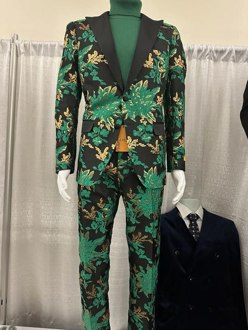 Men’s Green and Gold Floral Tuxedo Suit - Luxury 2 Piece Slim Fit Outfit for Weddings, Proms, and Special Events by USA Men's Outlet