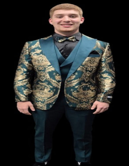 Green and Gold Tuxedo Suit - Paisley Floral Wedding Vested Suit by USA Men's Outlet