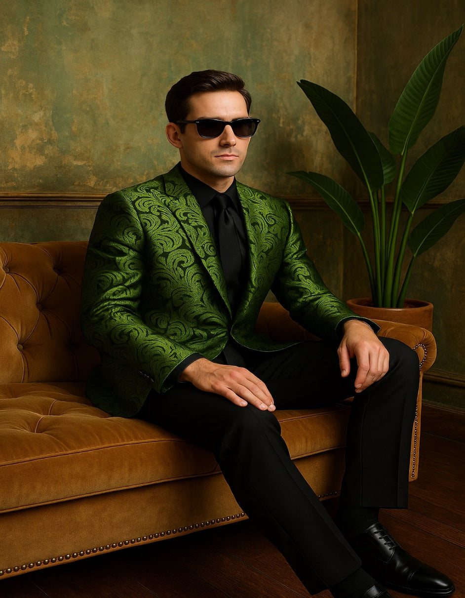 Men's Green Paisley Tuxedo Blazer – Luxury Slim Fit Dinner Jacket for Formal Events – SuitUSA