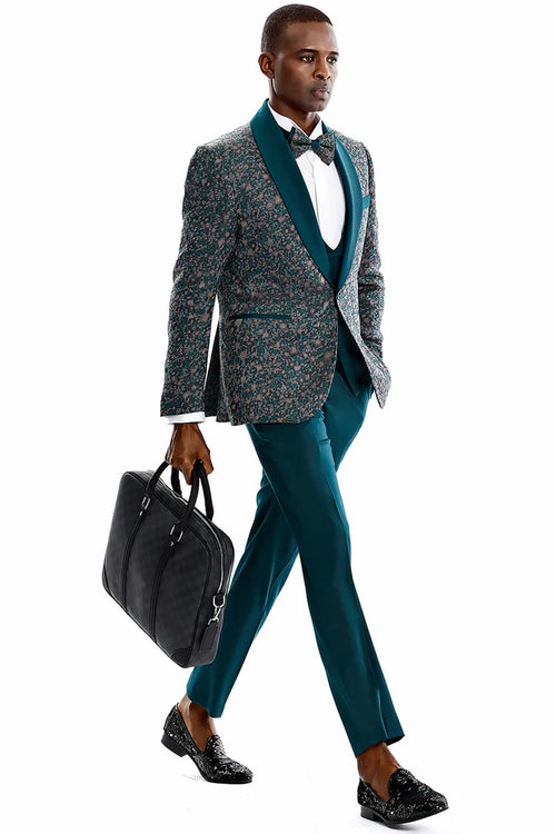 Green Prom Suit For Men - Men's One Button Vested Shawl Lapel Vintage Splatter Print Green Prom Tuxedo