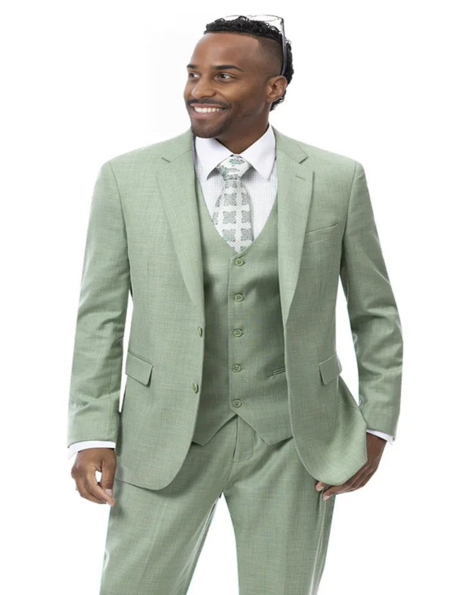 Mens Modern Fit Two Button Vested Sharkskin Green Business Suit