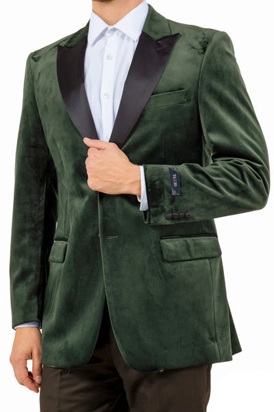 Green Prom Suit - Men's Two Button Peak Lapel Velvet Wedding & Prom Olive Green Tuxedo
