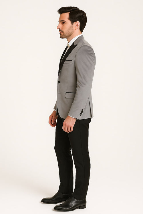 Men's Grey Velvet Tuxedo Jacket with Black Satin Lapel Suit - Mens Blazer + Black Pants by USA Men's Outlet