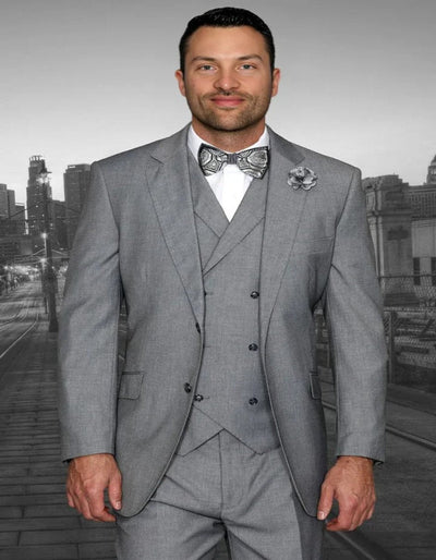 Pleated Dress Men Suits -Men's Designer Classic Fit Pleated Pant Wool Double Breasted Grey Suit