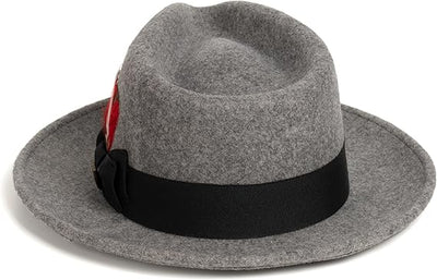 Gangster 100% Australian Wool Crushable Mens Fedora Hat - Removable Feather Gangster Grey Melange Mens Fedora Hat