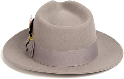 Gangster 100% Australian Wool Crushable Mens Fedora Hat - Removable Feather Gangster Light Grey Mens Fedora Hat