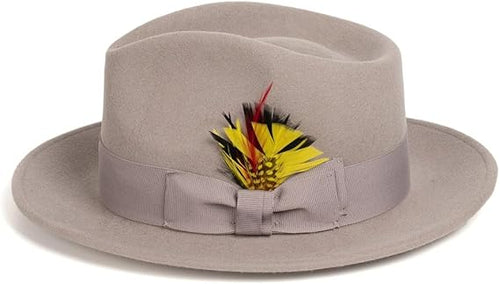Gangster 100% Australian Wool Crushable Mens Fedora Hat - Removable Feather Gangster Light Grey Mens Fedora Hat
