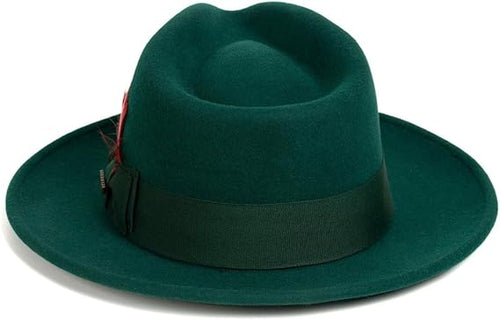 Gangster 100% Australian Wool Crushable Mens Fedora Hat - Removable Feather Gangster Hunter Green Mens Fedora Hat