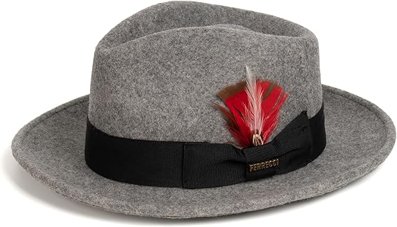 Gangster 100% Australian Wool Crushable Mens Fedora Hat - Removable Feather Gangster Grey Melange Mens Fedora Hat – SuitUSA