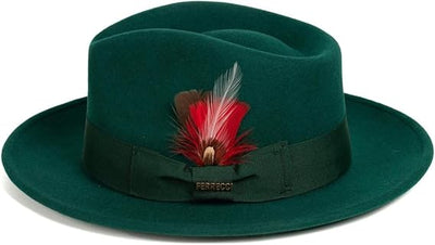 Gangster 100% Australian Wool Crushable Mens Fedora Hat - Removable Feather Gangster Hunter Green Mens Fedora Hat