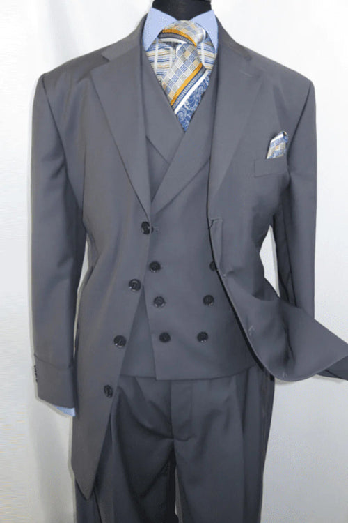 Mens 4 Button Double Breasted Vest Wool Suit in Grey