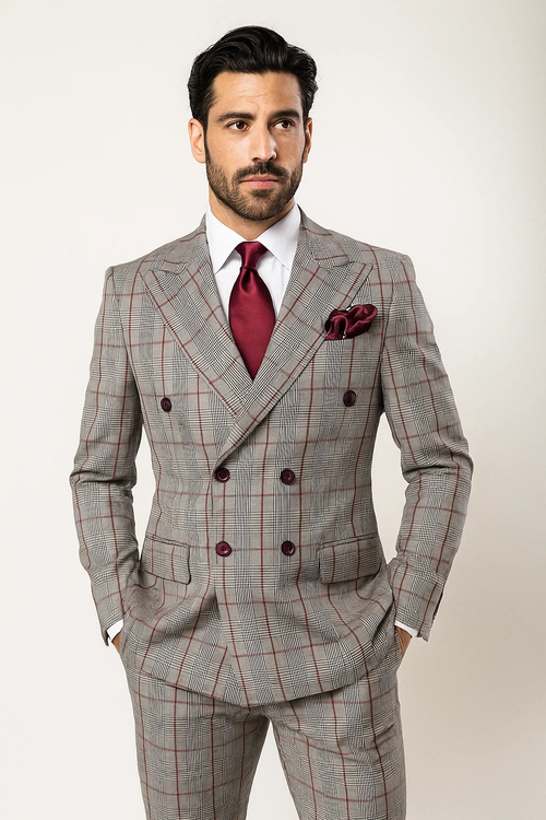Suits With Baggy Pleated Pants - Wide Leg Pants 100% Wool - Classic Fit in Color Grey with Red Plaid by Rossiman - USA Men's Outlet