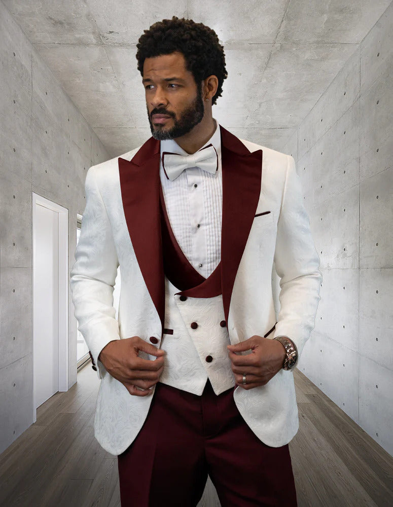 Statement Men'S White With Burgundy Peak Lapels Vested Tuxedo With Bow Tie - Men's Tuxedo USA – SuitUSA