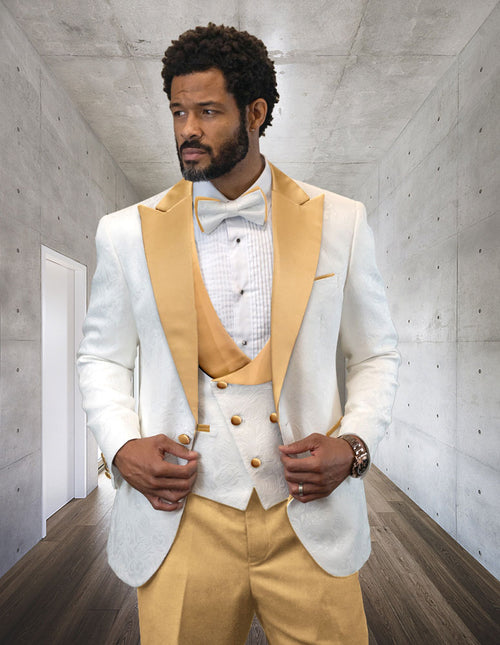 Mens White and Gold Champagne Color Satin Lapel Tuxedo Peak Lapel Modern Fit With Bowtie 4PC