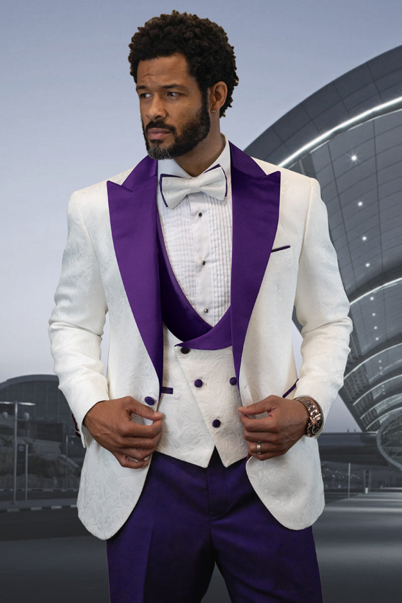 Men's Designer Vested Tuxedo in White Paisley & Purple