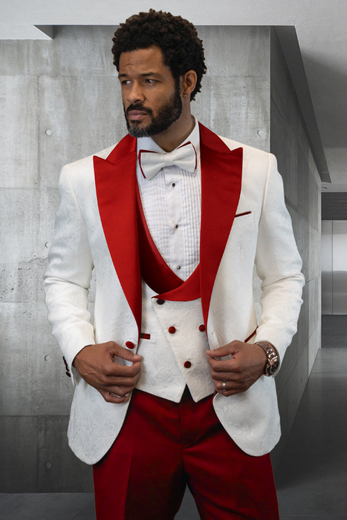 Men’s Contrast Peak Lapel Wool Vested Suit