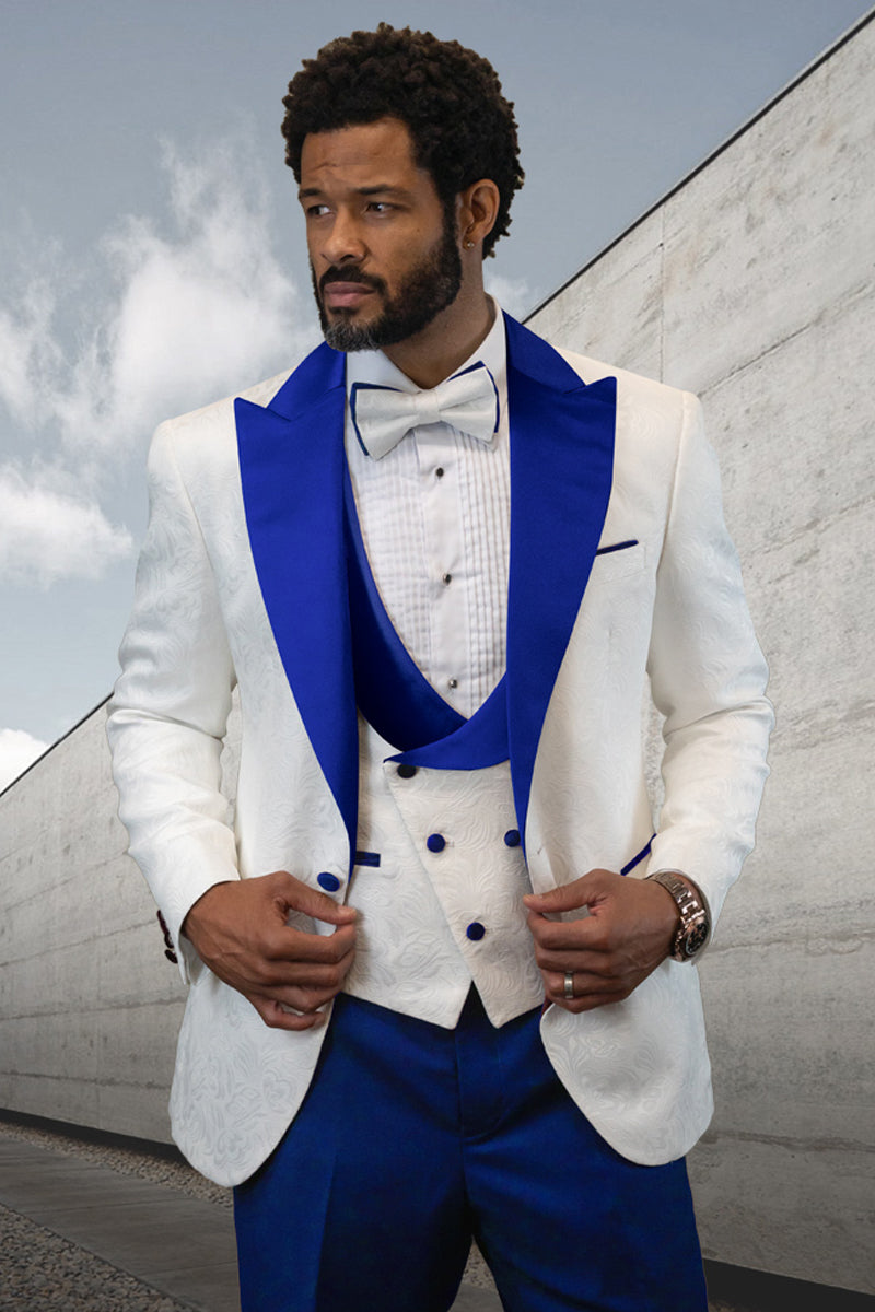 Men's Contrast Peak Lapel Wool Tuxedo in White Paisley & Royal Blue