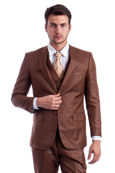 Men's Cognac Sharkskin Suit by Tazio Suits