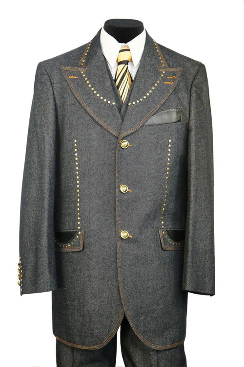 Denim Suit - Cotton Fabric Vested Suit - 3 Pieces Suit - Vested Fancy Zoot Suit - Men's Tuxedo USA