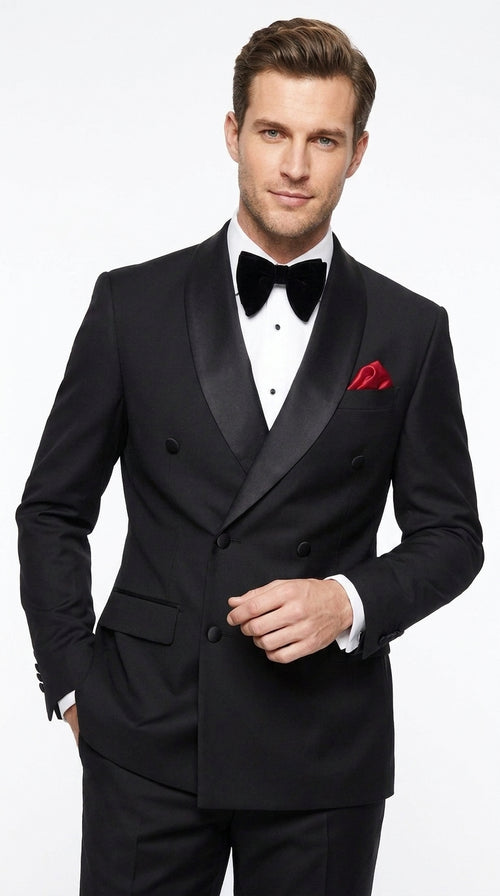 Men’s Black 6 Button Double Breasted Tuxedo, 2 Piece Formal Wedding Prom Suit