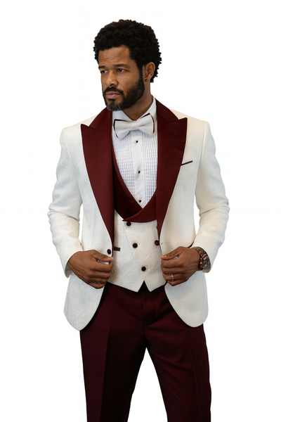 Hilton White and Burgundy Paisley Peak Lapel Tuxedo Jacket with Matching Shawl Vest and Wool Pants – Includes Bow Tie