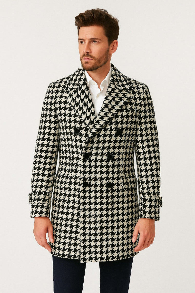 Mens Houndstooth Double-Breasted Wool Peacoat – Black and White Wool Short Coat Slim Fit