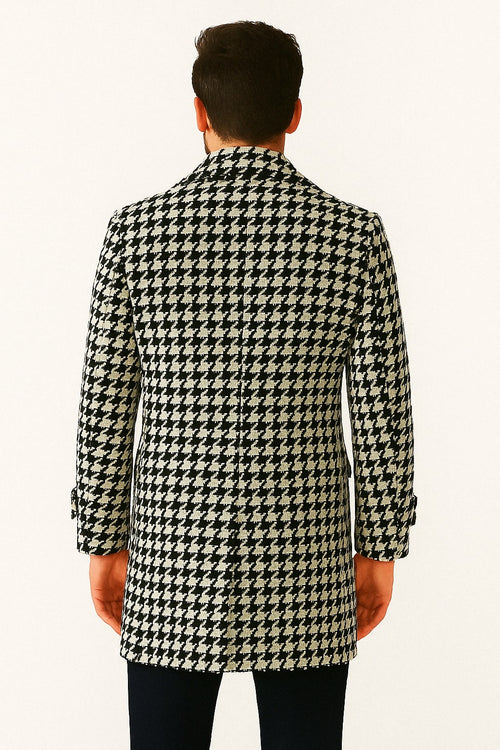Mens Houndstooth Double-Breasted Wool Peacoat - Black and White Wool Short Coat Slim Fit USA Men's Outlet