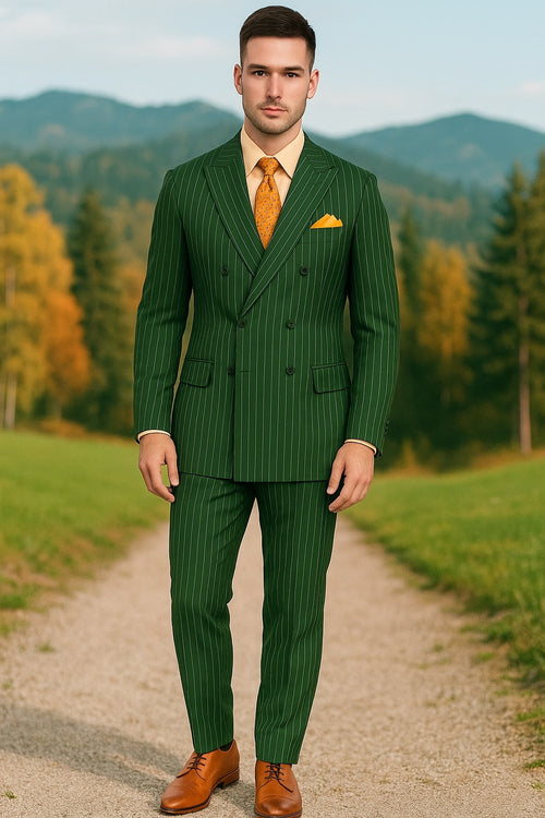 Mens Hunter Green Pinstripe Double-Breasted Suit - Bold 6-Button Vintage Gangster Style 1920s Look by USA Men's Outlet