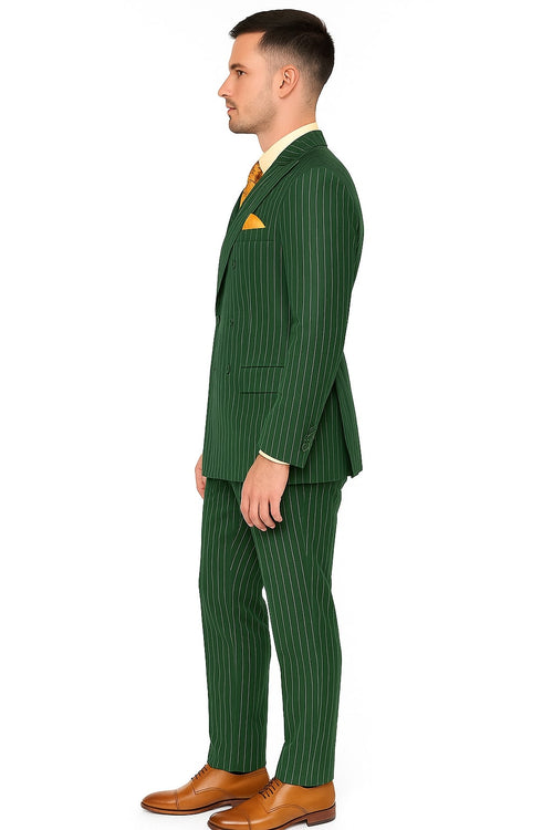 Mens Hunter Green Pinstripe Double-Breasted Suit – Bold 6-Button Vintage Gangster Style 1920s Look