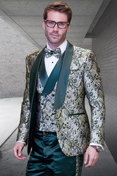 Green Prom Suit For Men - Men's Vested Shiny Paisley Wedding Double Breasted Hunter Green Tuxedo