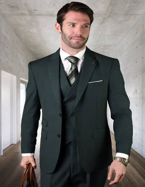 Pleated Dress Men Suits - Men's Designer Classic Fit Pleated Pant Wool Double Breasted Green Suit by Men's Tuxedo USA