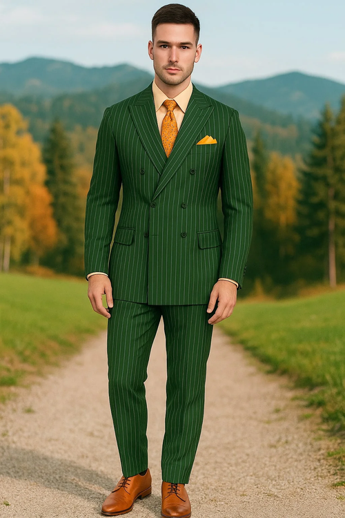 Mens Hunter Green Pinstripe Double-Breasted Suits β Bold 6-Buttons Vintage Gangster Style 1920s Look