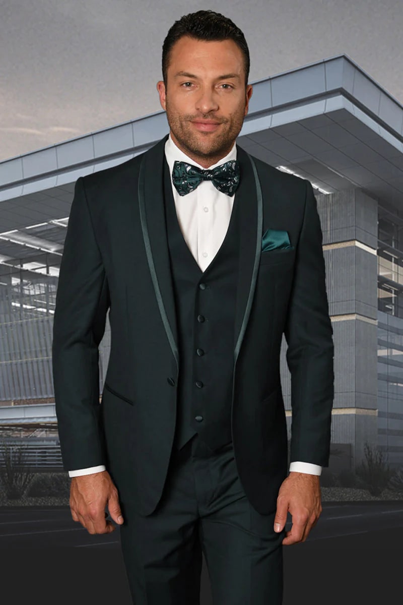 Green Prom Suit For Men - Men's Vested Satin Trim Shawl Wedding & Prom Hunter Green Tuxedo